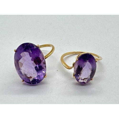 108 - An Amethyst Set Dress Ring, oval claw set to centre, between scrolling shoulders and dainty band sta... 