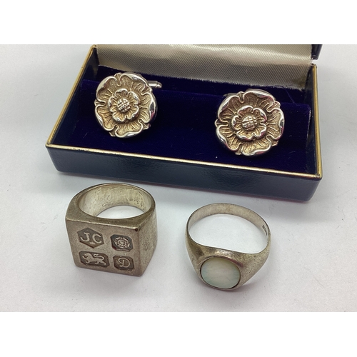 142 - A Hallmarked Silver Ingot Signet Ring, Sheffield 1973 (finger size P), a hallmarked silver mother of... 