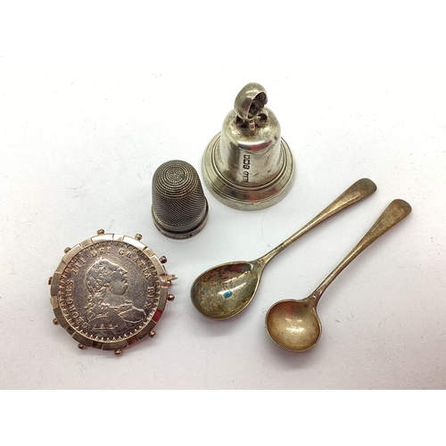 156 - A Hallmarked Silver Novelty Bell, of reeded decoration, a hallmarked silver thimble of engine turned... 