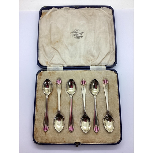 33 - A Set of Six Hallmarked Silver Enamelled Coffee Spoons, Thomas Bradbury & Sons, Sheffield 1933, the ... 