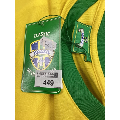 449 - Pele Autograph, black marker signed (unverified) on a yellow Brazil retro shirt.