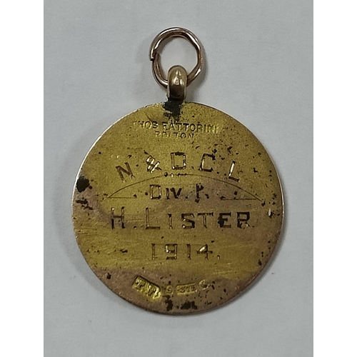 604 - Medal - N & D.C.L Div 1 Awarded to H. Lister 1914, in 9ct gold, with Sheffield crest in enamel to th... 