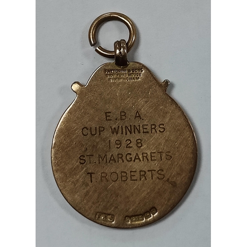 606 - Medal - English Baseball Association, 1928 E.B.A Cup Winners to 'T. Roberts, St. Margarets', in 9ct ... 