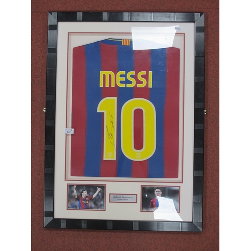 642 - Lionel Messi Autograph, black marker signed (unverified) on the back of a Barcelona shirt, framed as... 