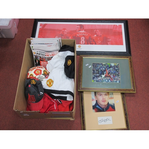 657 - Manchester United, Rooney, Beckham and Cole prints, Ball, Beckham cap, shorts t-shirts, other clothi... 