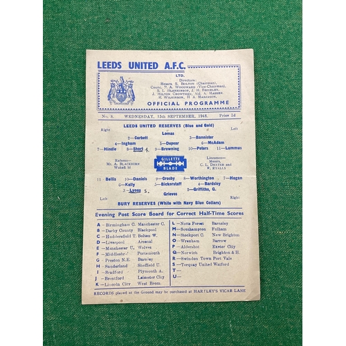 867 - Leeds United Reserves 1948-9 v. Bury Reserves, single sheet programme, dated 15th September 1948, (t... 