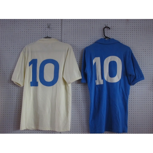 439 - Napoli Fan Replica 1980's Maradona Football Shirts by,'NR' blue home and white away both numbered '1... 