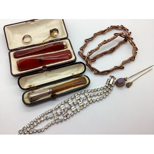 257 - A Collection of Antique and Later Items, to include a chalcedony inlaid stick pin, a 