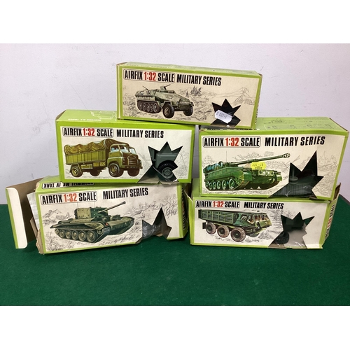 602 - Five Airfix 1:32 Scale Plastic Model Military Vehicles including Alvis Stewart, Bedford R.L. Truck, ... 