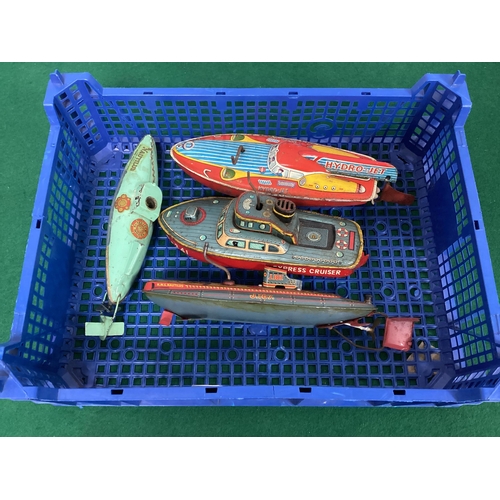 603 - Four Clockwork Tinplate Model Boats, Submarines by Sutcliffe Model, Bandai and other including Sutcl... 