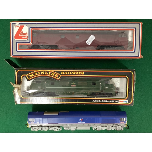 684 - Three 00 gauge Diesel locomotives by Mainline and Lima, including boxed Mainline Warship Class B-B D... 