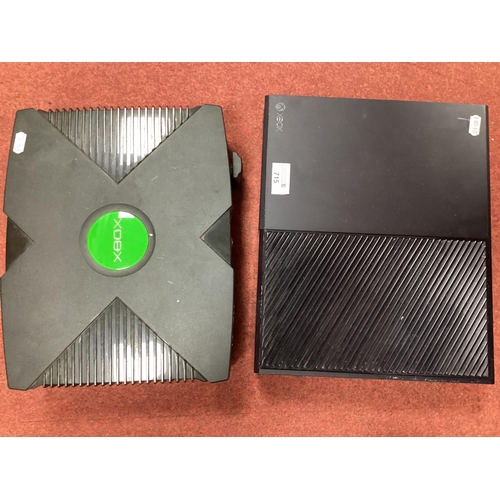 715 - Microsoft XBOX One and Original XBOX Gaming Consoles. Untested for working order sold as spares/repa... 