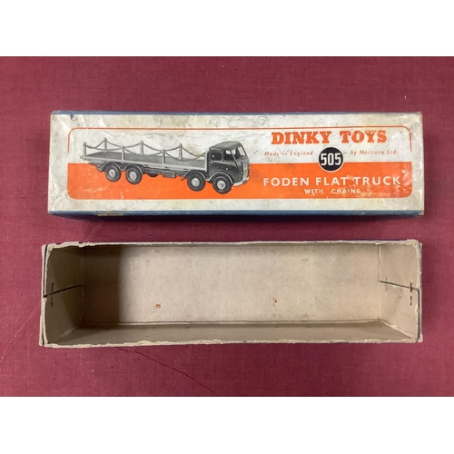 868 - Original Dinky Supertoys No 505 1st Series Foden Flat Truck with Chains, box only, some staining, fa... 