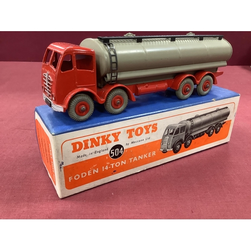 870 - Dinky No 504 Foden 14-Tanker, 2nd Series, transitional colourway red cab/fawn tank, overall very goo... 