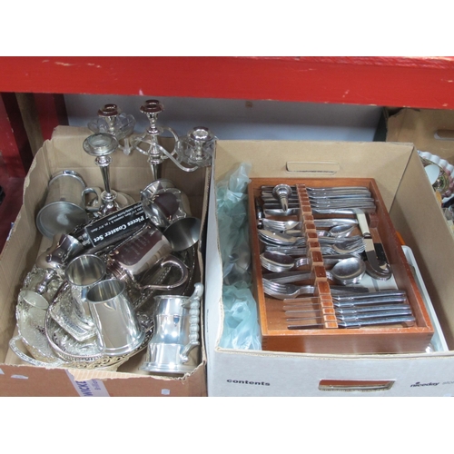 1074 - Stainless Steel and Plated Cutlery, tankards, candelabra, tray, etc:- Two Boxes.