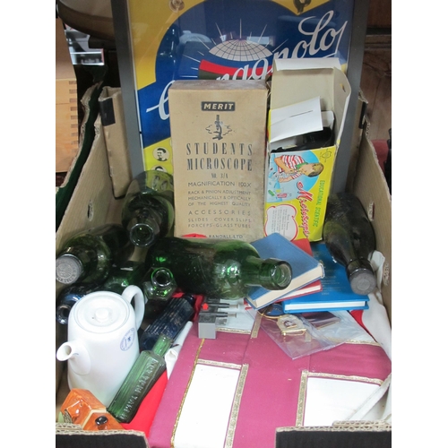 1076 - Masonic Memorabilia, two microscopes, retro poster, Sheffield and other green glass bottles. Tuscan ... 