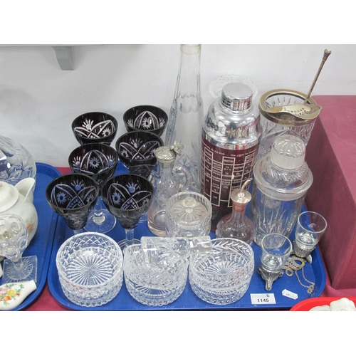 1145 - Set of Six Ruby Bowled Drinking Glasses, Alpacca cocktail stirrer and vessel. Silver mounted absinth... 