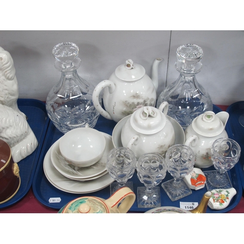 1146 - Pair of Glass Decanters, four pedestal glasses, two scent bottles, Oriental ware:- One Tray.