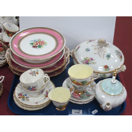 1159 - Harry Wheatcroft 'Famous Roses' Teapot, two cups and saucers, milk jug. Worcester 'Roanoke' tea ware... 