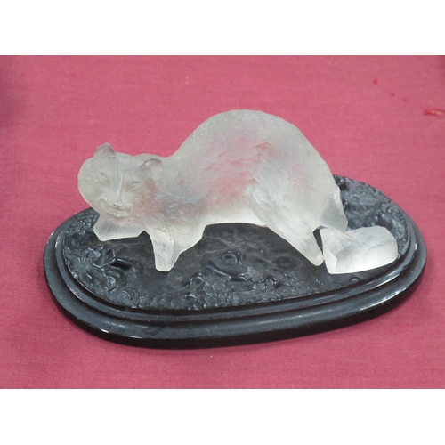 1162 - Vintage Frosted Glass Figure of a Seated Fox, on stepped oval black glass? naturalistic base 17.5cm ... 