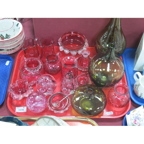 1170 - XIX Century Cranberry Glass Jugs, etc, paperweights, green bottle vase, etc:- One Tray.