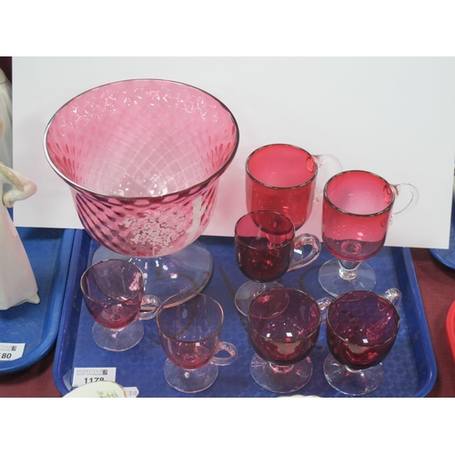 1178 - XIX Century Mary Gregory Pedestal Bowl, XIX Century cranberry glass custard glasses, etc:- One Tray.