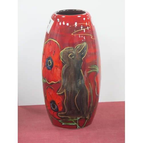 1204 - Anita Harris 'Cute Bunny Sniffing Daffodil/Poppies' Skittle Vase, gold signed, 17.5cm high.