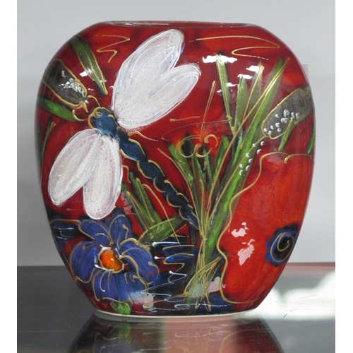 1212 - Anita Harris 'Dragonfly, Reeds and Iris' Purse Vase, gold signed, 12cm high.