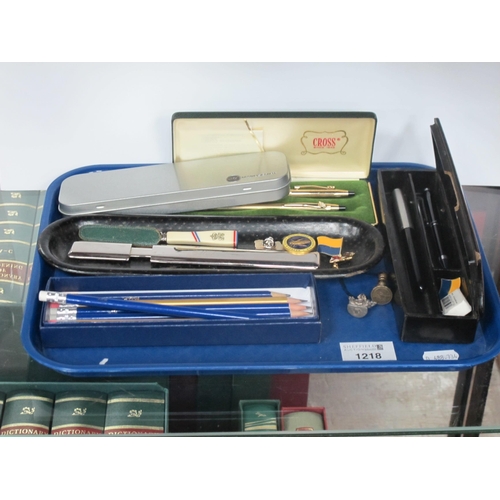 1218 - Writing Pens, including Parker, Cross, Manuscript. Pencils, seal, lacquered box and tray, etc:- One ... 