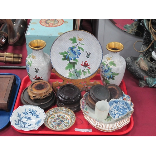 1274 - Oriental - Pair of Cloisonne vases 20.5cm high plus plate. Eight wooden stands. Butterfly dish, Engl... 