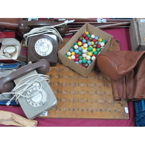 1299 - Brown & Grey Plastic Anvil Telephones, Bingo callers board with plastic balls.