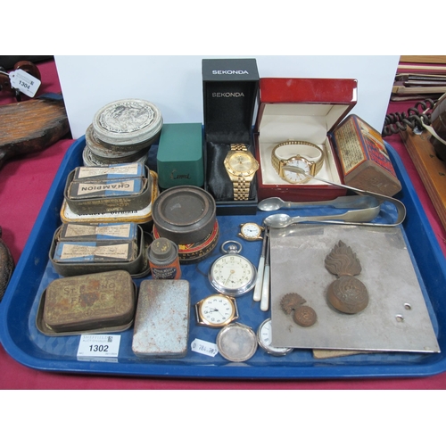 1302 - Silver Fob Watch, (dam), Ingersoll pocket watch, Sekonda, Rotary and Limit wrist watches, tins, pick... 