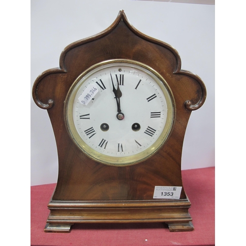 1353 - Early XX Century Mahogany Cased Mantle Clock, with black Roman numerals to white enamel dial, 28.5cm... 