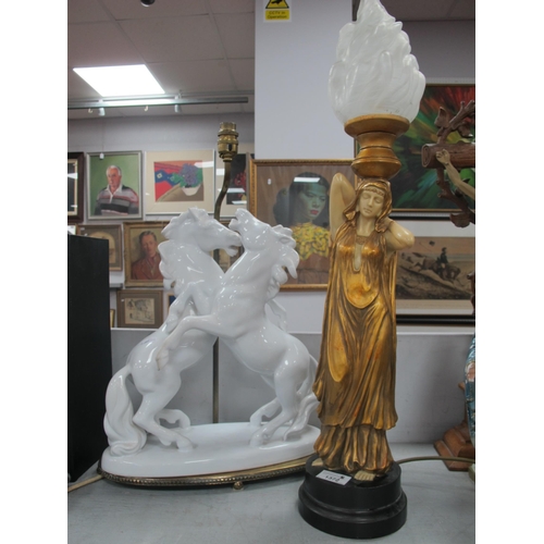 1372 - Art Nouveau Style Table Lamp, with frosted flame shade, supported by resin female. Brass table lamp ... 