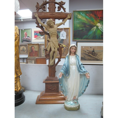 1373 - XX Century Wood Carving of Jesus Christ on a Cross, 62cm high, together with a painted plaster figur... 