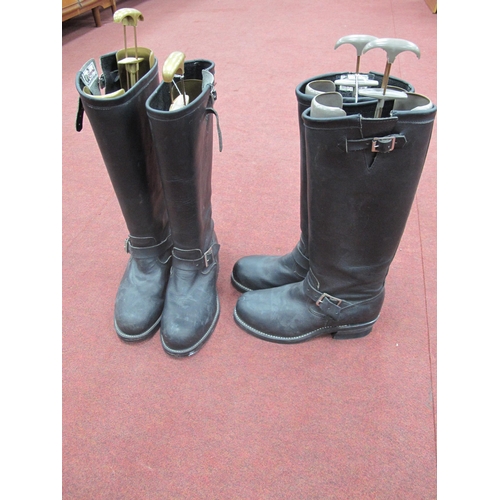 1382 - Chippewa, two pairs of black leather motorcycle boots, American sizes 7.1/2 and 8.1/2.