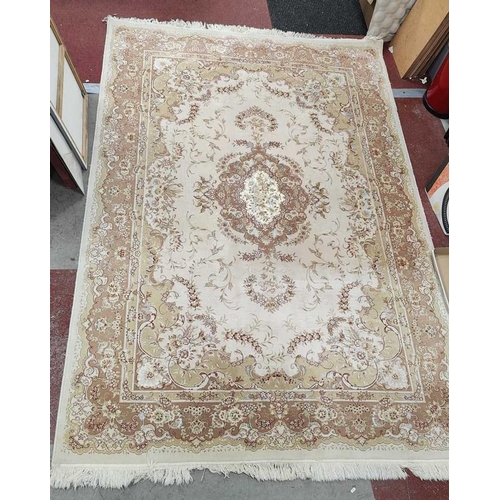 1463 - Persian Tassled Acrylic Rug, with allover floral decoration on cream and pink ground, no visible tea... 