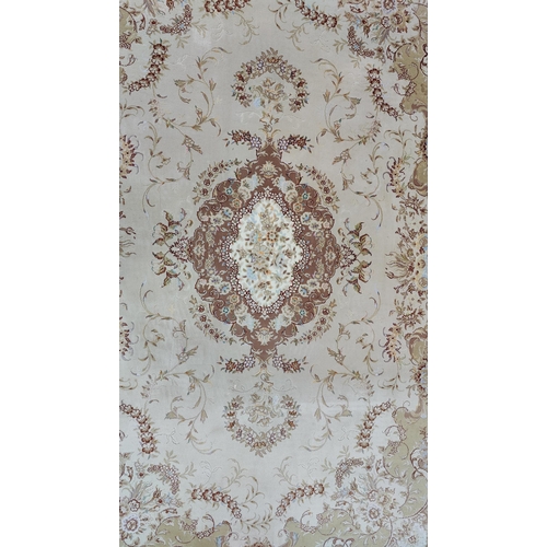 1463 - Persian Tassled Acrylic Rug, with allover floral decoration on cream and pink ground, no visible tea... 