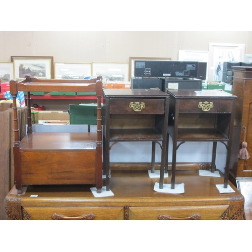 1469 - Mahogany Tidy Unit, with two drawers and galleried upper shelf, 38.5cm wide. Pair of mahogany bedsid... 