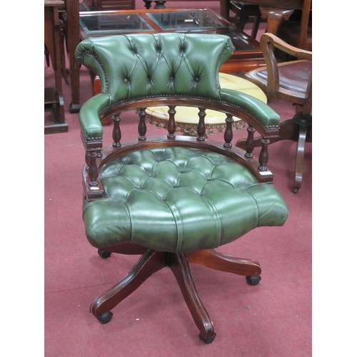 1524 - Green Leather Button Back Office Chair, with spindle supports, swivel action on five star base.