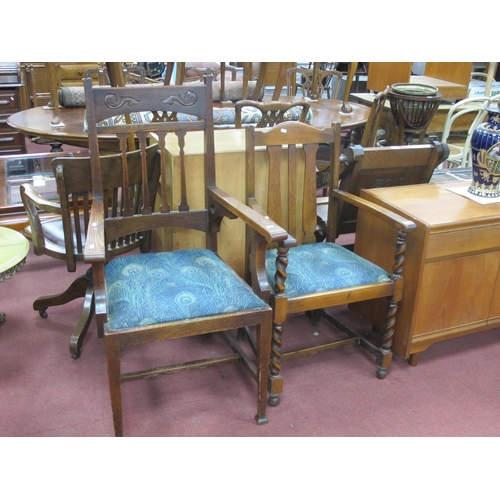 1525 - Two Oak Rail Back Carver Chairs, circa 1920's, one with carved top rail, the other with barley twist... 