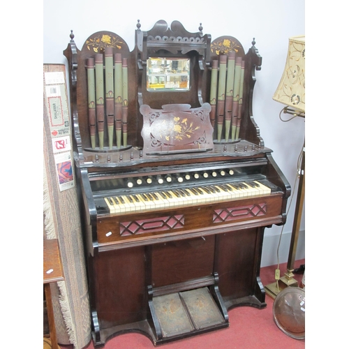 1534 - Malcolm of London Organ, mahogany cased with small mirror inset and painted metal wind pipes to back... 