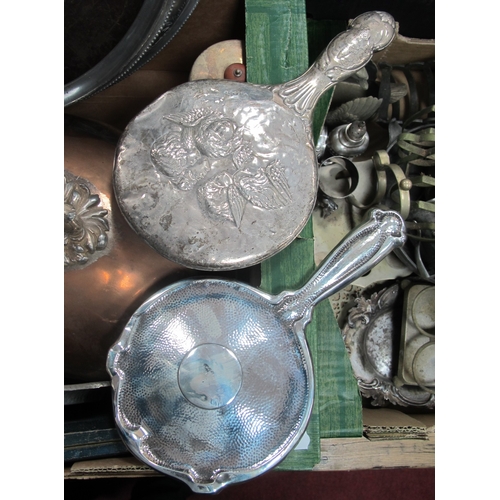 1093 - Art Nouveau Silver Backed Hand Mirror, another lacking mirror, quantity of plated ware including tea... 