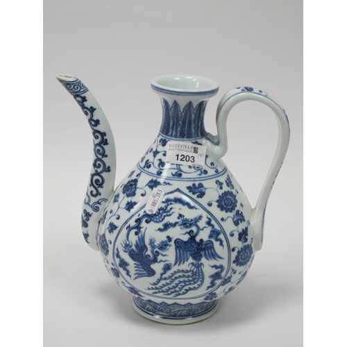 1203 - Crown Devon 'Widdecombe Fair' Musical Jug, Oriental ewer in blue and white pottery, 22.5cm high. (2)... 