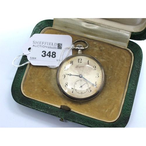 348 - Longines; A Gent's Openface Pocketwatch, the signed dial (discoloured) with black Arabic numerals an... 