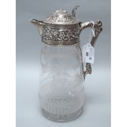 80 - A Victorian Hallmarked Silver Mounted Claret Jug, WSGS, (Sheffield 1886?), with foliage and scrollwo... 