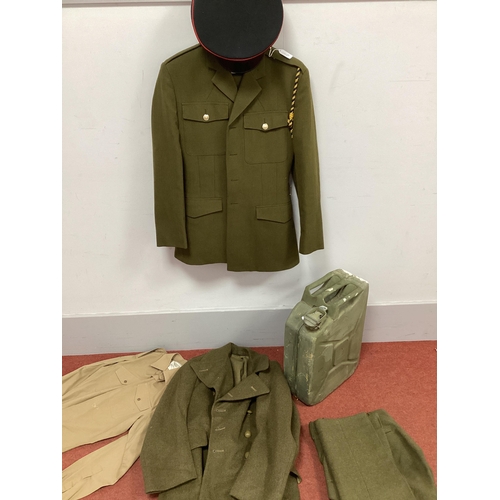 405 - British Army Great Coat, No 2 dress jacket and trousers, shirt, other trousers, peaked cap and jerry... 