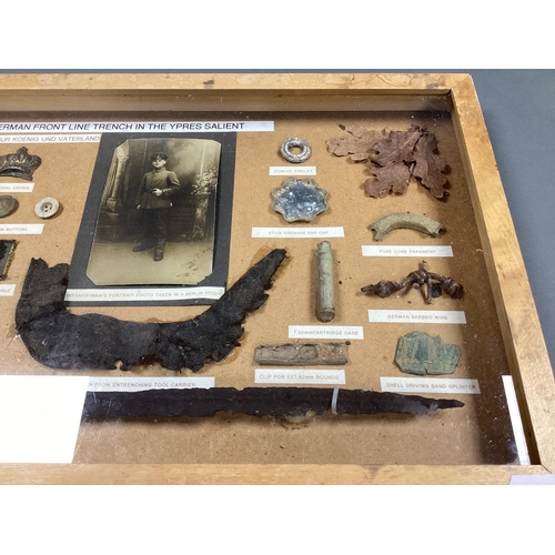 414 - WWI Framed Relics, recovered from former German Front Line Trench, in the Ypres area.