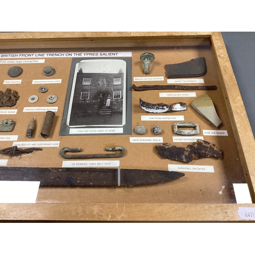 417 - WWI Framed Relics, recovered from former British Front Line Trench, in the Ypres area.