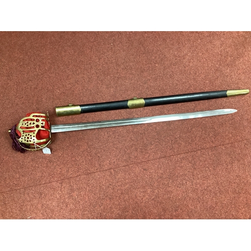 454 - Reproduction Scottish Basket Hilt Broadsword and Leather Covered Scabbard.